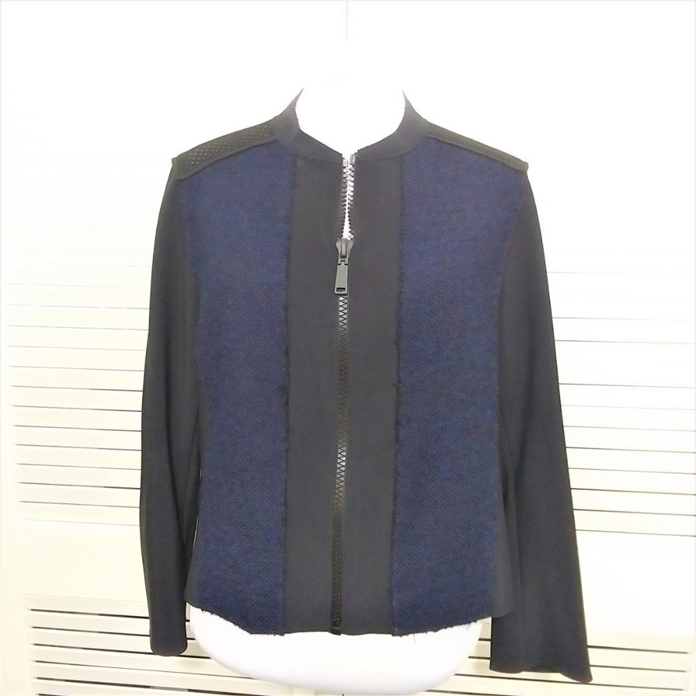 Elie Tahari Blue Black Scuba Knit Zip‎ Up Jacket Blazer